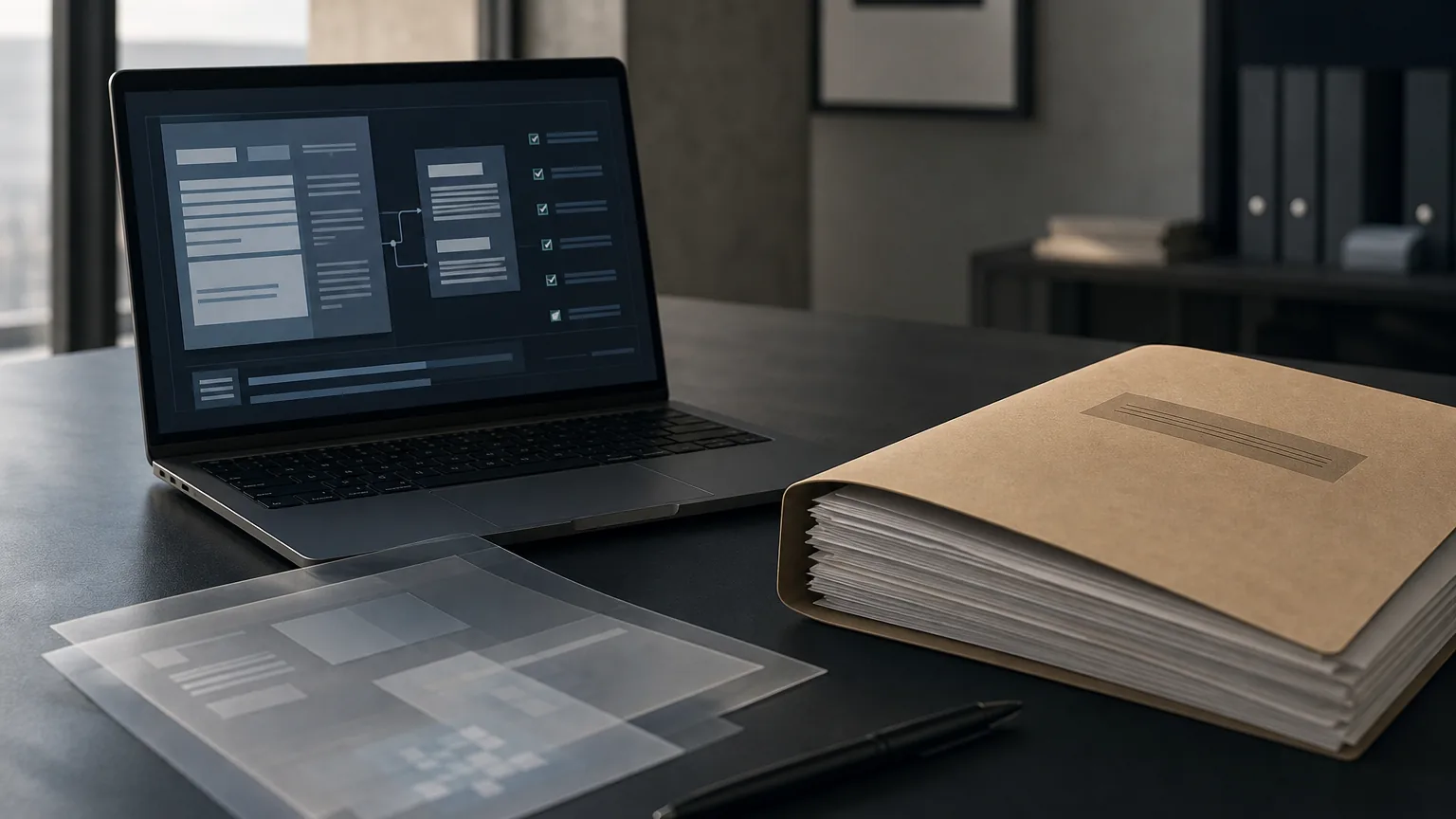 Laptop e fascicolo utilizzati per organizzare la governance dei dati
