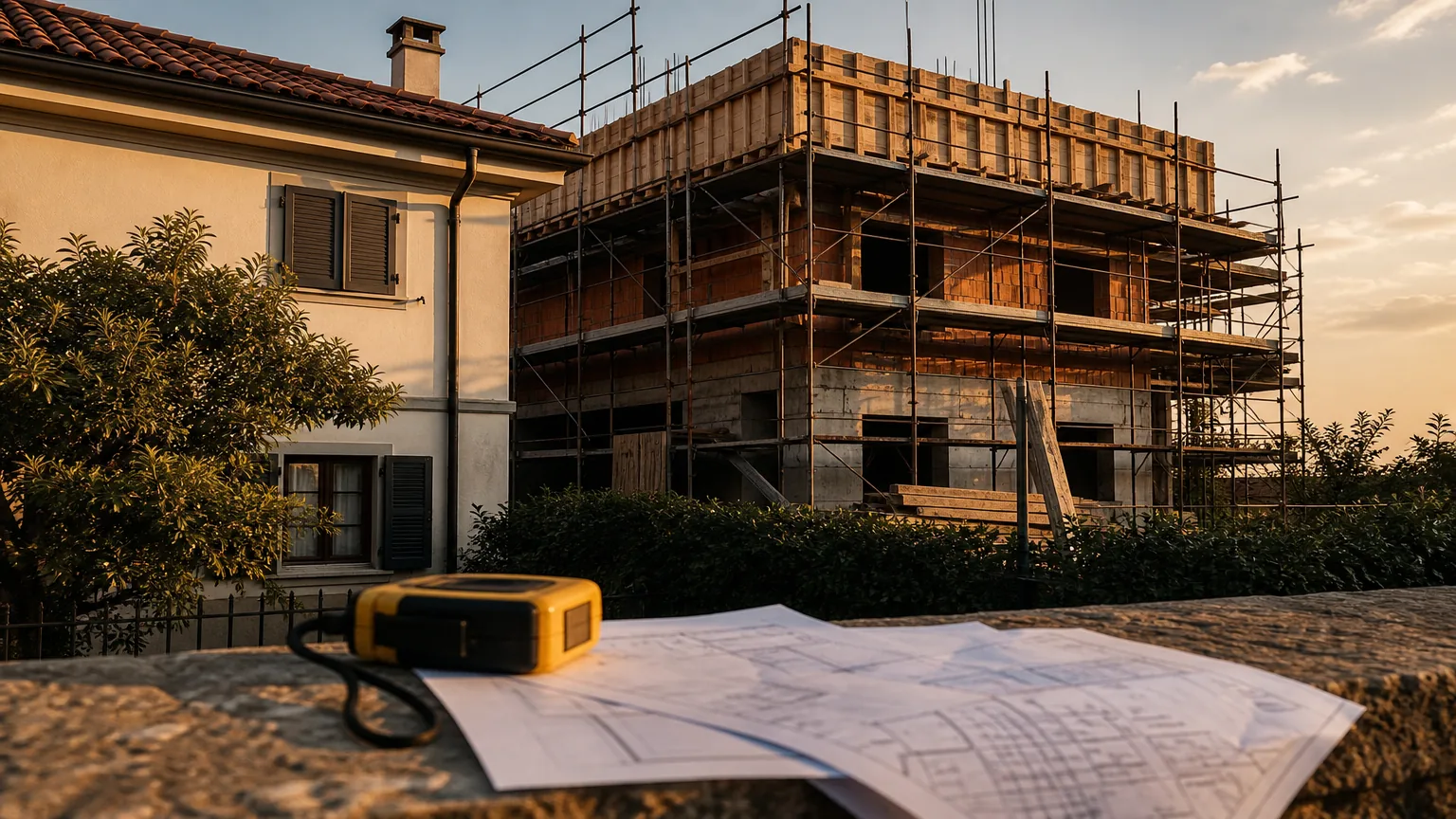 Cantiere edilizio in aderenza a un edificio residenziale, con rilievo di distanze e documentazione urbanistica