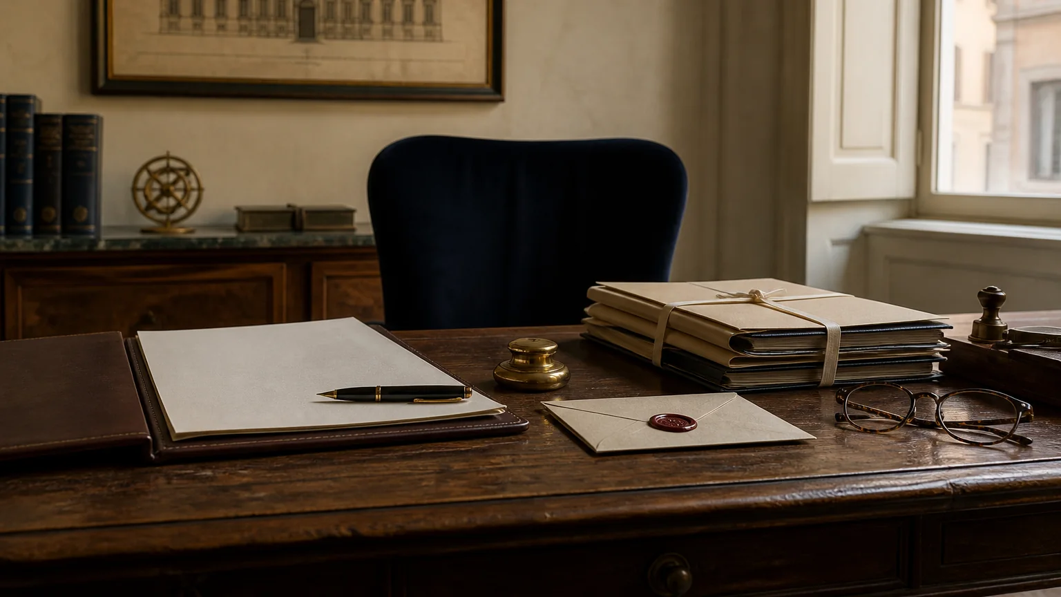 Scrivania di uno studio legale con fascicoli, sigillo di ceralacca e documentazione per la pianificazione di un testamento
