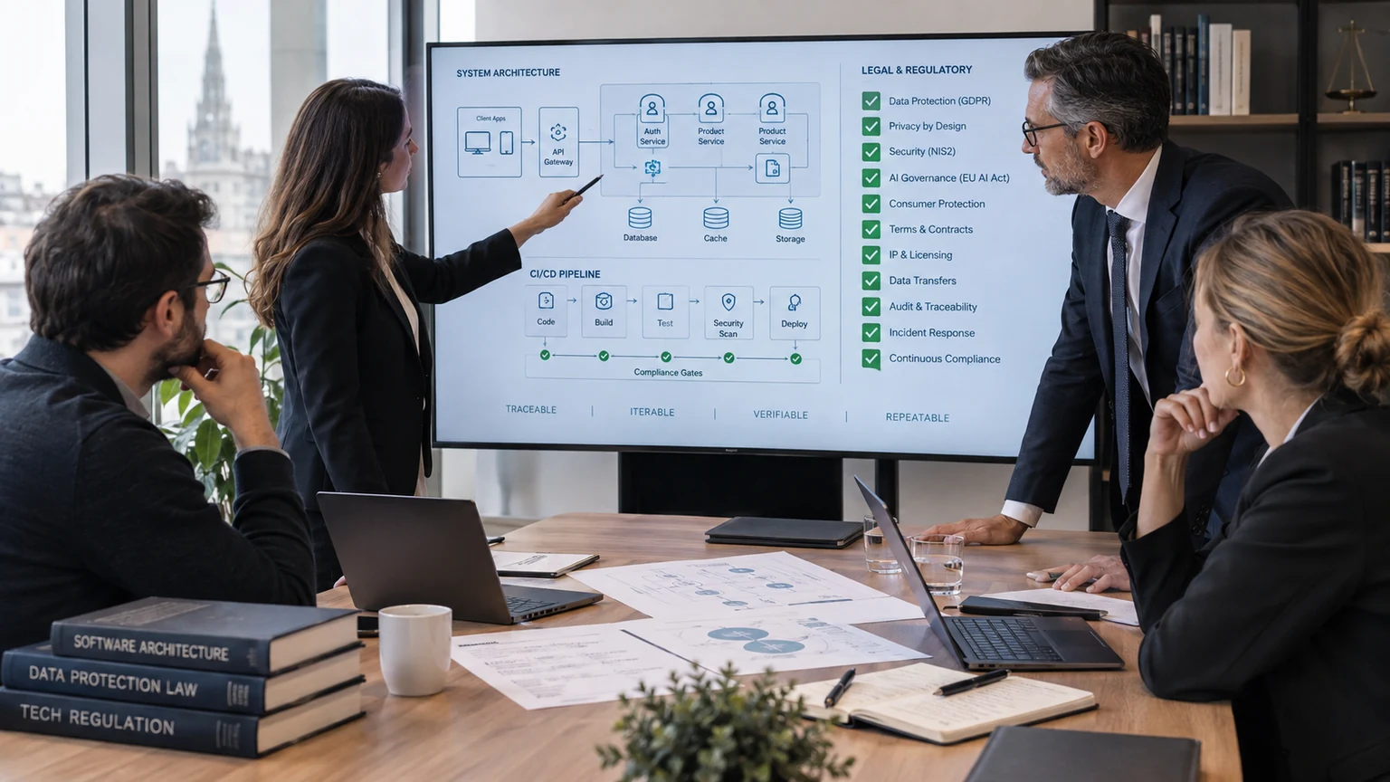 Senior engineering and legal professionals reviewing SaaS architecture and compliance controls