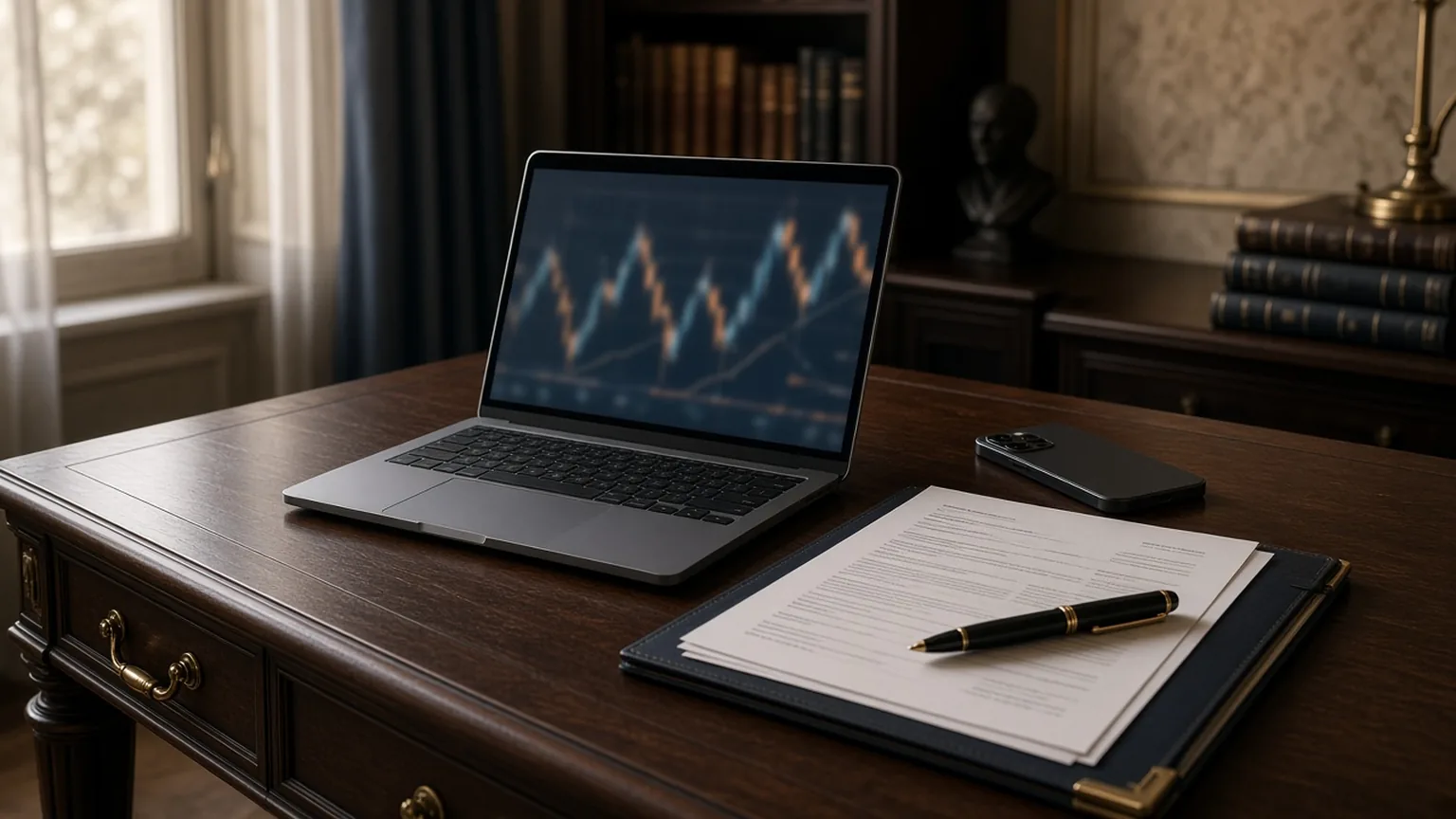 Scrivania di uno studio legale con laptop che mostra un grafico di mercato, documenti bancari e penna stilografica